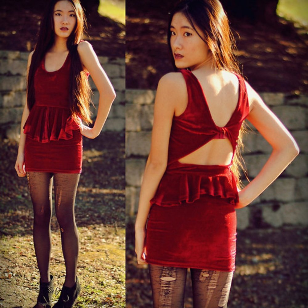 Red Velvet Peplum Party Dress